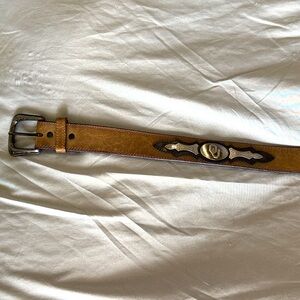 OU University of Oklahoma Mens Sz40 Tan Leather Belt Silver Buckle & medallions